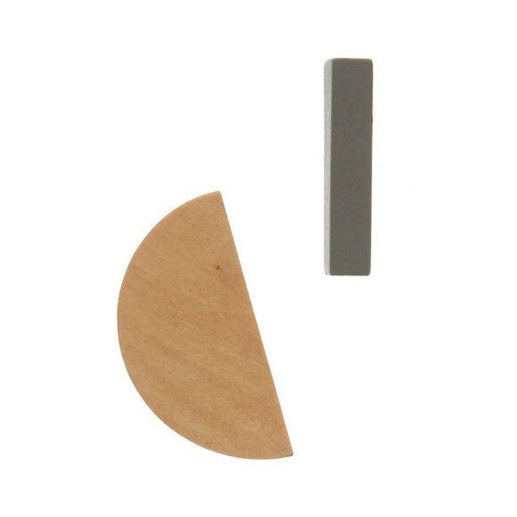 Geometric Mismatch Earrings Half Moon & Cuboid Wooden Neutral Tan & Gray - Picture 1 of 5
